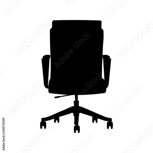 Silhouette of an office chair with armrests and a five star base on a white background is displayed