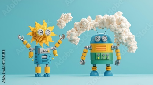 Colorful robot characters with playful designs, showcasing creativity and fun in a whimsical environment.