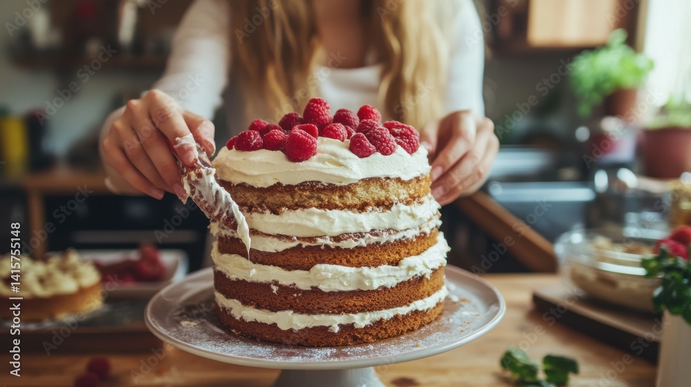 culinary, baking and cooking food concept - happy smiling young woman making layer cake and spreading topping cream on kitchen at home