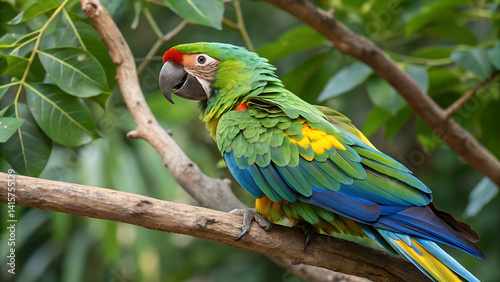 Portrait close up of colorful Scarlet Macaw parrot in Mexico against green natural background. Love parrots. Ara chloroptera parrot, a member of a large group of Neotropical parrots called macaws