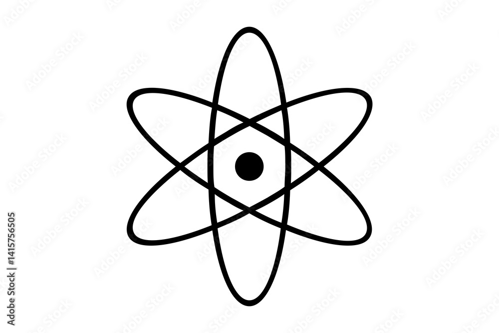 Simple black and white atomic symbol representing science and knowledge in a minimalist design