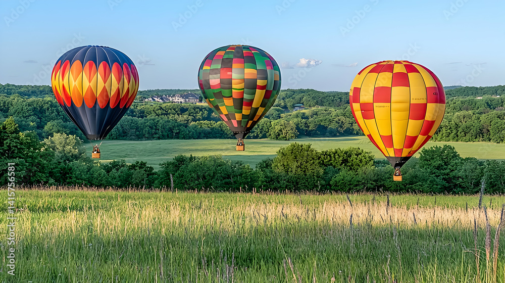 Obraz premium Colorful Hot Air Balloons Over Rural Landscape