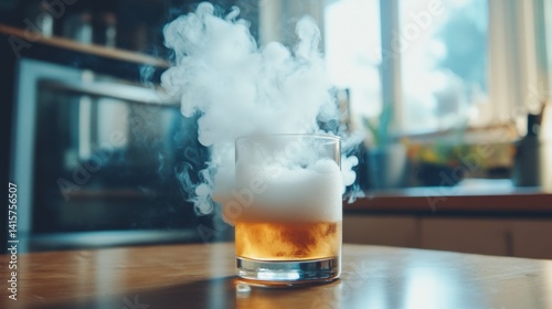 A glass of liquid is on a table with a cloud of smoke rising from it