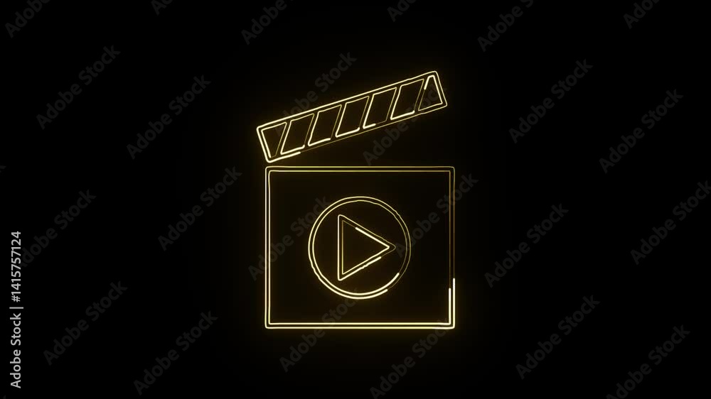 glowing neon video player icon isolated, black background, HD motion graphic animation