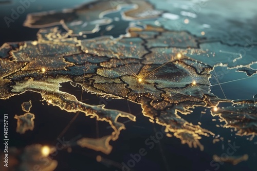 Abstract map of Western Europe, concept of European global network and connectivity, data transfer and cyber technology
