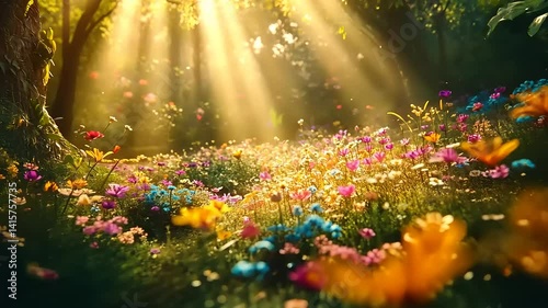 Vibrant meadow filled with colorful flowers under sunlit forest canopy, creating a serene atmosphere