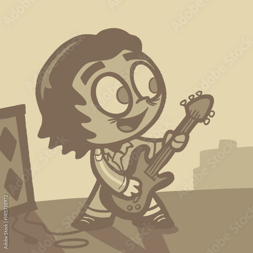 "Chibi musician smiling and playing guitar, capturing carefree joy in a colorful design."