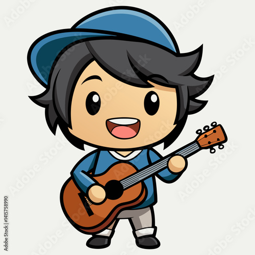 "Chibi musician smiling and playing guitar, capturing carefree joy in a colorful design."