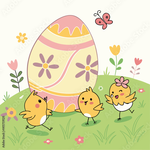 Happy Chicks Dancing Around Giant Easter Egg in Meadow