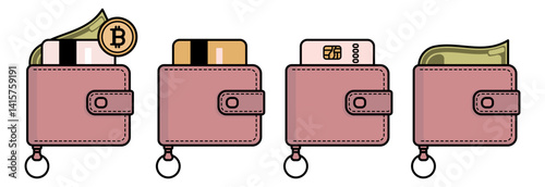 Wallet icons with cash bank cards and bitcoin in flat style

