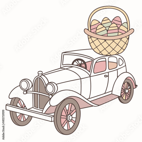 Vintage Easter Car with a Basket Full of Painted Eggs