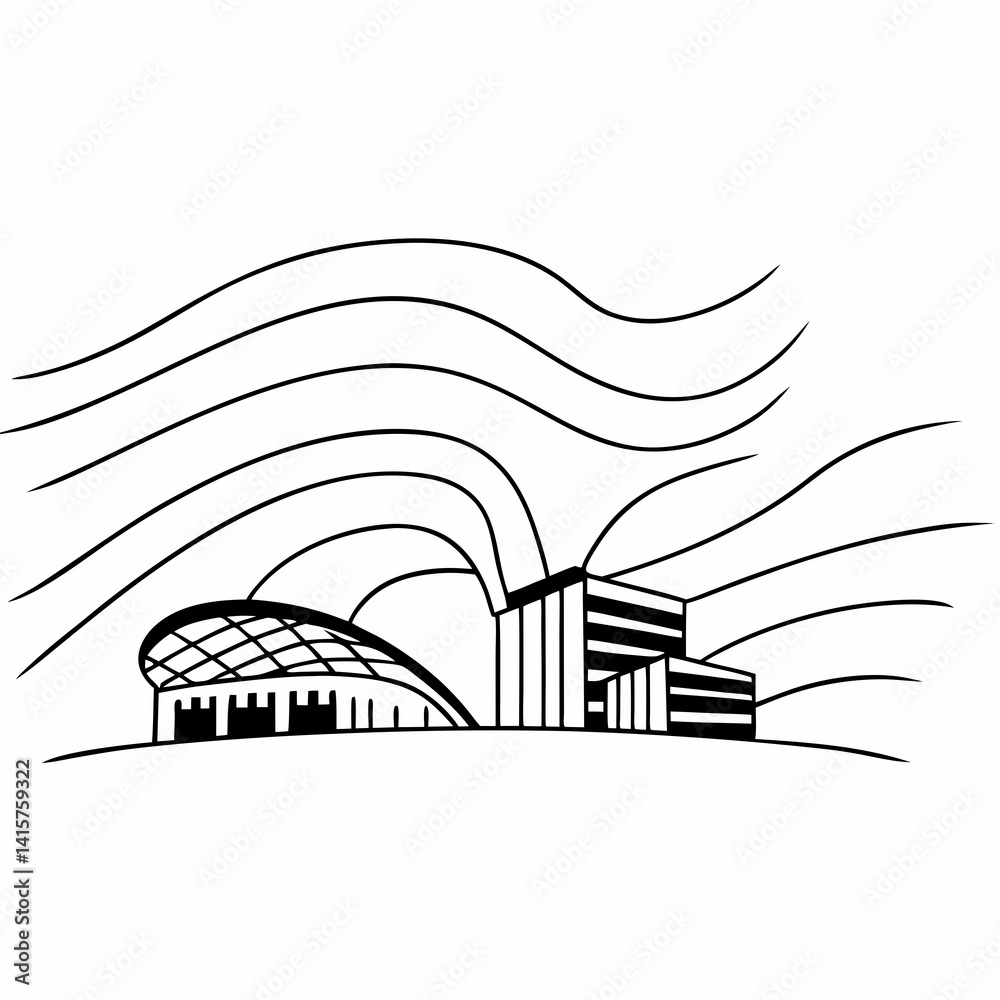 Obraz premium Abstract architectural design with flowing line patterns and modern buildings