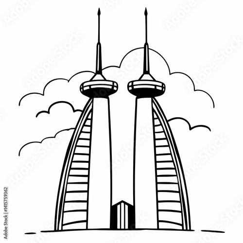 Sky-high towers outlined in thin lines with a touch of artistic flair