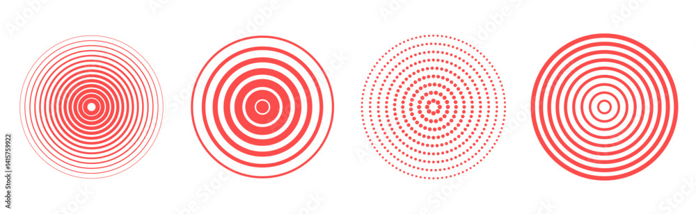 Set of different red concentric circles icon isolated on transparent background. Vector geometry design element for concept of target, radiate, pain, earthquake, sound wave. Editable stroke. Set of different red concentric circles icon isolated on transparent background. Vector geometry design element for concept of target, radiate, pain, earthquake, sound wave. Editable stroke.