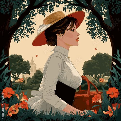 vector illustration of  a girl in the garden