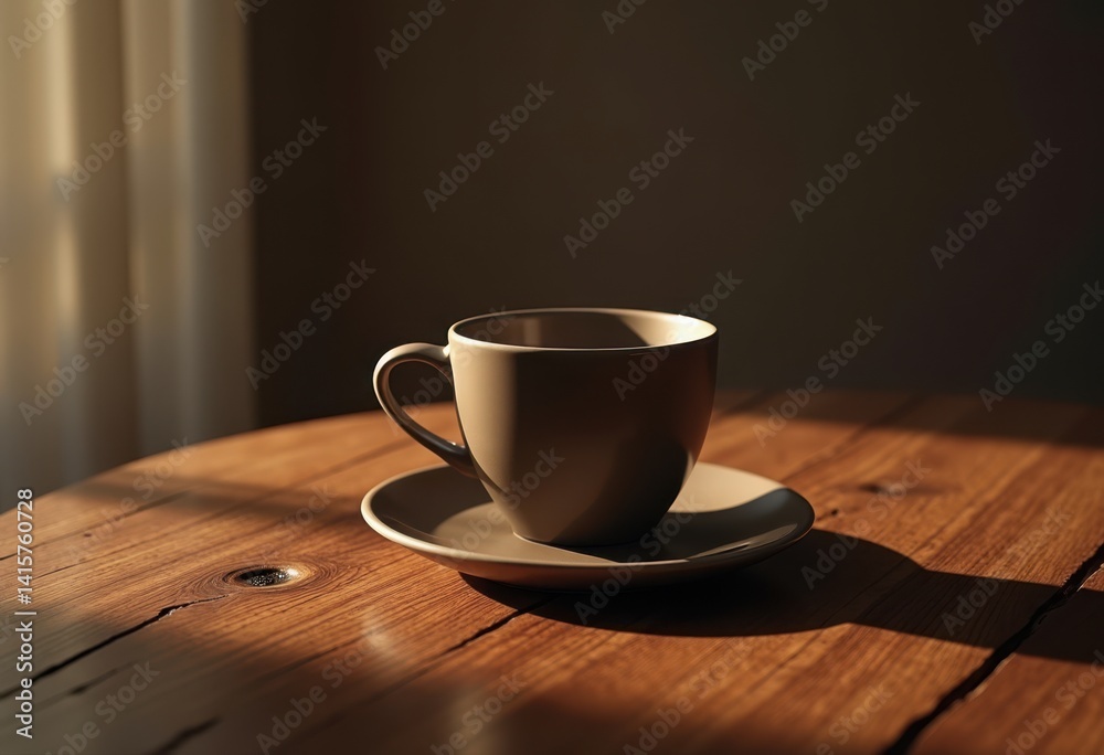 Obraz premium empty coffee cup minimalism dark wooden table texture coffee beverage aesthetic, mug, ceramic, textures, interior, scene, background, design, ambiance