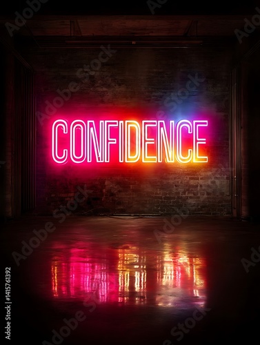 The image shows a neon sign, glowing against a brick wall. The surface is reflective, mirroring the neon sign. Word confidence
