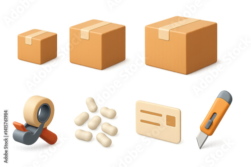 3D icon set of shipping boxes: small box, medium box, large box, shipping label, tape dispenser, packing foam, address sticker, box cutter. 3d icon. Isolated
