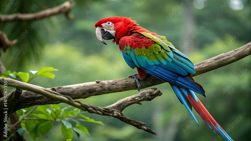 Obraz premium Portrait close up of colorful Scarlet Macaw parrot in Mexico against green natural background. Love parrots. Ara chloroptera parrot, a member of a large group of Neotropical parrots called macaws