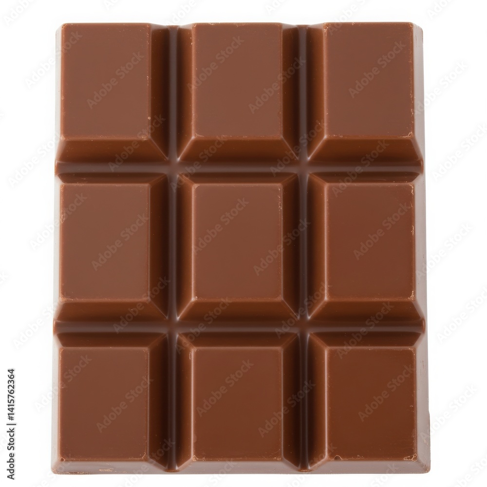 Naklejka premium Close up view of a milk chocolate bar with nine squares on a white isolated background surface top
