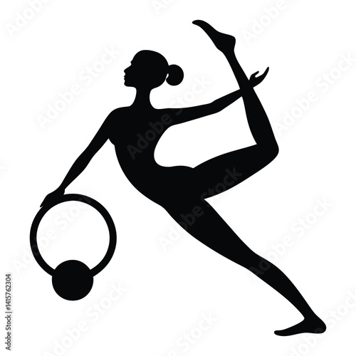 Pilates Silhouette Vector – Woman in Teaser Pose or Leg Stretch with Ring, Minimalist Black Art