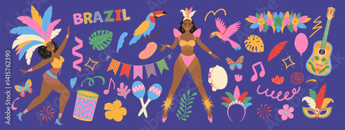 Set of Brazilian carnival elements. Masks, exotic bird, dancing women, guitar, flowers. Modern vector illustration