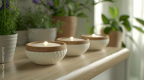 Wallpaper Mural Three White Candles with Wooden Bowls on Shelving Torontodigital.ca