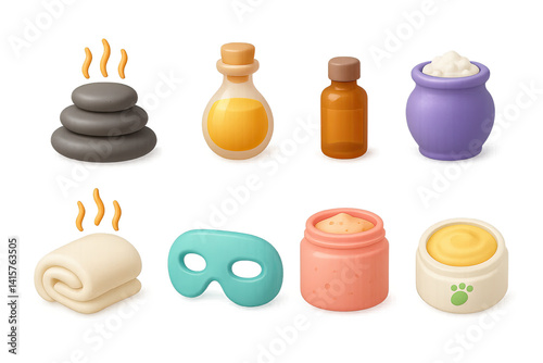Relaxation and spa 3d icons set featuring stones, oils, towels, and more
