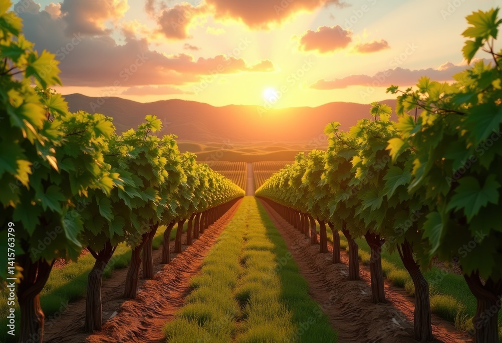 Fototapeta premium vineyard rows golden hour glow nature landscape sunlit grapevine fields rolling hills, sunset, light, shadows, scenery, agriculture, vines, fruit, green