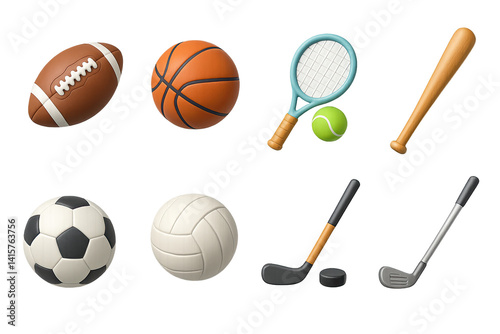 3d sports equipment icons set featuring various popular sports items
