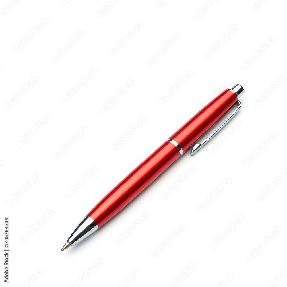 A shiny red pen with a silver clip lying diagonally on a clean white surface in a studio shot A shiny red pen with a silver clip lying diagonally on a clean white surface in a studio shot