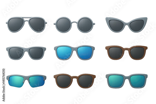 3D icon set of sunglasses: aviators, round glasses, square glasses, cat-eye glasses, mirrored sunglasses, sports sunglasses, vintage glasses, polarized lenses. 3d icon. Isolated