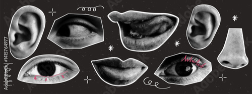 Eyes, lips and ear with naive doodle elements. Retro halftone effect. Y2K collage design. Contemporary vector illustration.