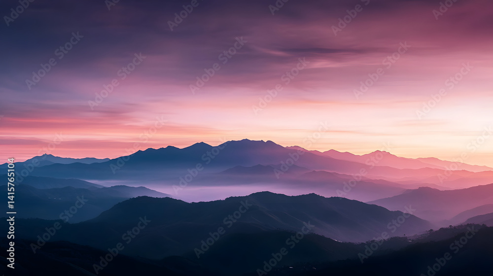 Fototapeta premium A serene sunset scene over distant mountain peaks, with soft pastel colors blending in the sky.