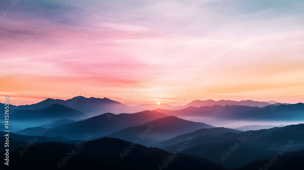 A serene sunset scene over distant mountain peaks, with soft pastel colors blending in the sky. A serene sunset scene over distant mountain peaks, with soft pastel colors blending in the sky.