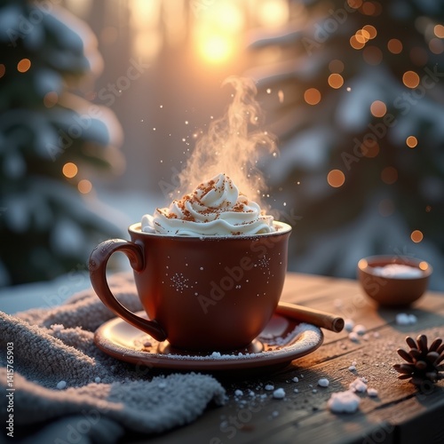 steaming mug spiced hot chocolate surrounded outdoor elements cozy winter scene comfort beverage drink, cocoa, spices, marshmallow, whippedcream, forest photo