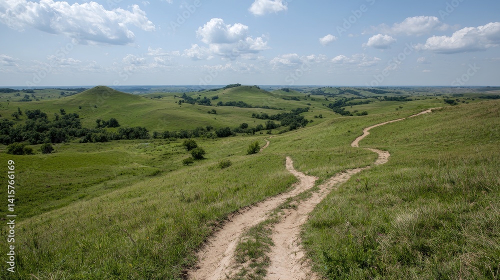 Naklejka premium Winding dirt road through lush green grassland under partly cloudy sky