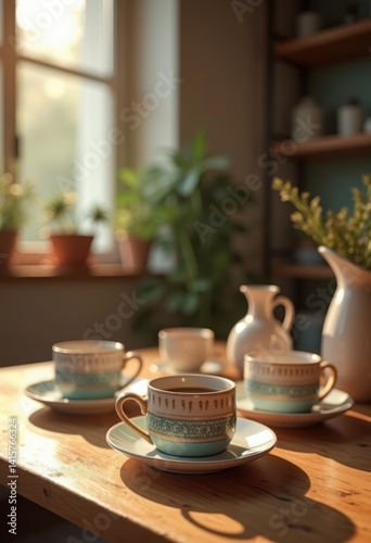 Wallpaper Mural stylish ceramic coffee cups rustic wooden table capturing cozy ambiance modern design aesthetics warm tone, mug, decor, interior, texture, vintage, matcha Torontodigital.ca