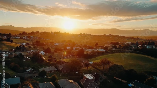 Stunning drone aerial view of suburban neighborhood during golden hour sunset, Beautiful drone shot flying over suburban homes and hills sunset glow