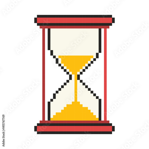 8 bit hourglass icon. Pixel art object. Old school vintage game graphic.