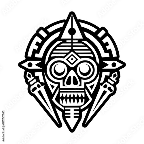 A filled style icon of aztec skull symbol