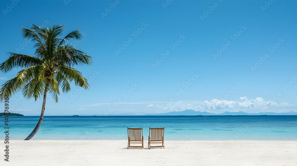Fototapeta premium Tropical Beach Scene With Palm Tree And Beach Chairs