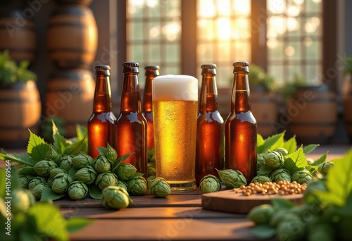 craft beer bottles surrounded fresh hops golden malts vibrant brewery setting natural colors, cask, aroma, froth, barrel, liquid, ale, pint, barley, sugar