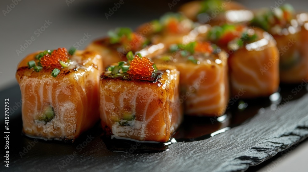 Close-up of salmon sushi roll with soy sauce Close-up of salmon sushi roll with soy sauce