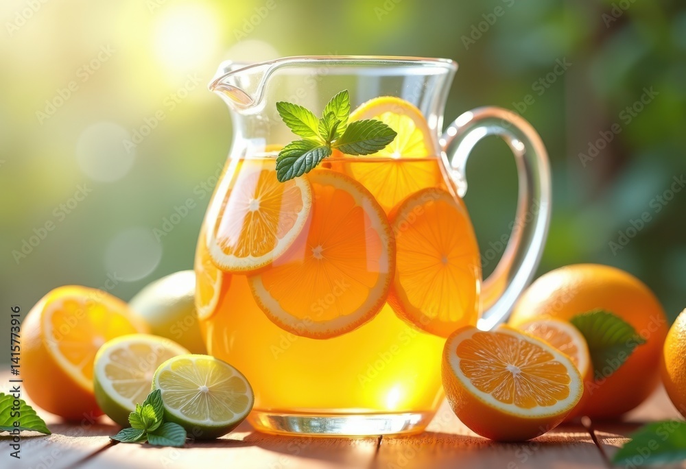 Fototapeta premium vibrant citrus slices fresh fruit crystal pitcher colorful refreshing drink garnish, glass, lemon, lime, orange, grapefruit, beverage, juicy, vivid, rind