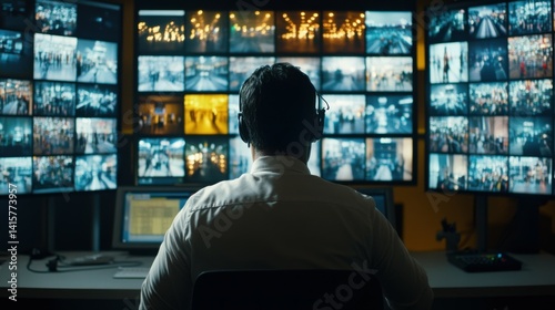 An operator inside a control room surrounded by hightech screens displaying live feeds of multiple factory areas signifying central command over new technologies.