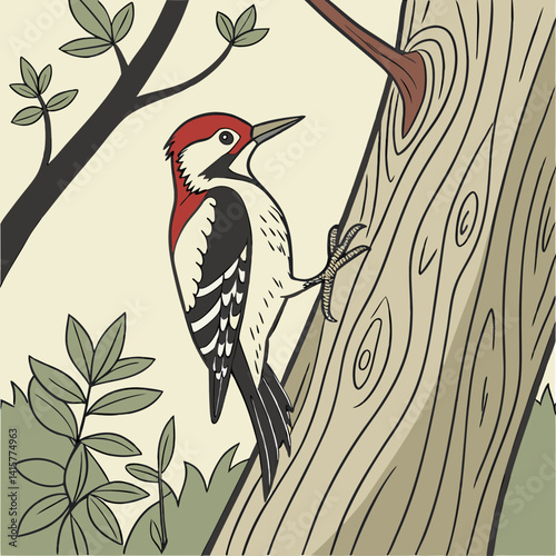Woodpecker Clinging to a Tree Trunk with Bark Detail