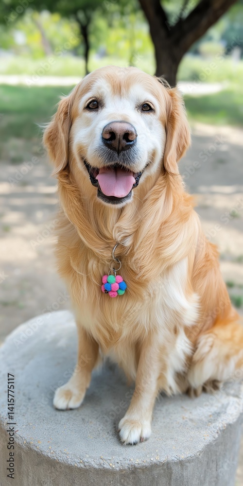 Obraz premium A golden retriever is sitting on a cement block with a pink and blue collar around its neck