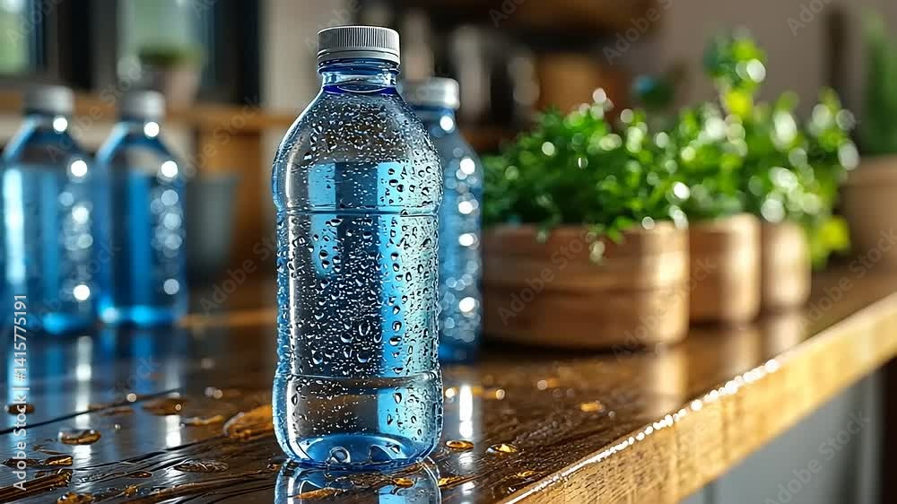 Row of blue water bottles with condensation.
