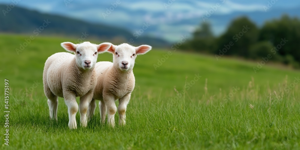 Fototapeta premium Two sheep standing in a grassy field. The sheep are looking at the camera. The scene is peaceful and serene